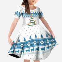 Dachshund Dog Tree Stack Kid Short Sleeve Dress with Blue White Paw Print Pattern Design - Wonder Print Shop