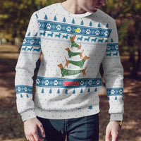 Dachshund Dog Tree Stack Ugly Christmas Sweater with Blue White Paw Print Pattern Design - Wonder Print Shop
