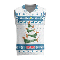 Dachshund Dog Tree Stack Christmas Knitted V-Neck Vest with Blue White Paw Print Pattern Design - Wonder Print Shop