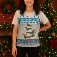 Dachshund Dog Tree Stack Christmas Knitted V-Neck Vest with Blue White Paw Print Pattern Design - Wonder Print Shop