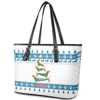 Dachshund Dog Tree Stack Leather Tote Bag with Blue White Paw Print Pattern Design - Wonder Print Shop