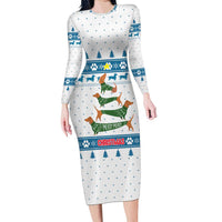 Dachshund Dog Tree Stack Long Sleeve Bodycon Dress with Blue White Paw Print Pattern Design - Wonder Print Shop
