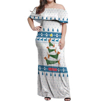 Dachshund Dog Tree Stack Off Shoulder Maxi Dress with Blue White Paw Print Pattern Design - Wonder Print Shop