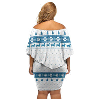 Dachshund Dog Tree Stack Off Shoulder Short Dress with Blue White Paw Print Pattern Design - Wonder Print Shop