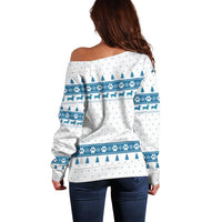 Dachshund Dog Tree Stack Off Shoulder Sweater with Blue White Paw Print Pattern Design - Wonder Print Shop