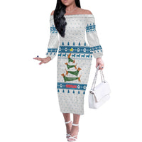 Dachshund Dog Tree Stack Off The Shoulder Long Sleeve Dress with Blue White Paw Print Pattern Design - Wonder Print Shop