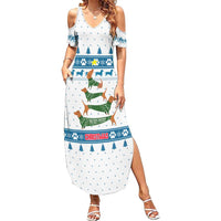 Dachshund Dog Tree Stack Summer Maxi Dress with Blue White Paw Print Pattern Design - Wonder Print Shop