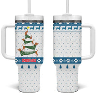 Dachshund Dog Tree Stack Tumbler With Handle with Blue White Paw Print Pattern Design - Wonder Print Shop