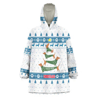 Dachshund Dog Tree Stack Wearable Blanket Hoodie with Blue White Paw Print Pattern Design - Wonder Print Shop