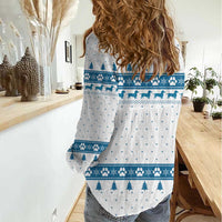 Dachshund Dog Tree Stack Women Casual Shirt with Blue White Paw Print Pattern Design - Wonder Print Shop