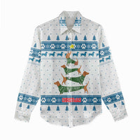 Dachshund Dog Tree Stack Women Casual Shirt with Blue White Paw Print Pattern Design - Wonder Print Shop