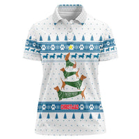 Dachshund Dog Tree Stack Women Polo Shirt with Blue White Paw Print Pattern Design - Wonder Print Shop