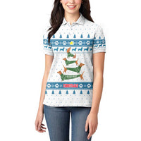 Dachshund Dog Tree Stack Women Polo Shirt with Blue White Paw Print Pattern Design - Wonder Print Shop