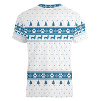 Dachshund Dog Tree Stack Women V-Neck T-Shirt with Blue White Paw Print Pattern Design - Wonder Print Shop