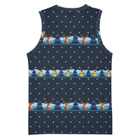 Funny Duck Characters Christmas Quacker Quote Basketball Jersey with Navy Tree Pattern Design - Wonder Print Shop