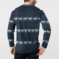 Funny Duck Characters Christmas Quacker Quote Button Sweatshirt with Navy Tree Pattern Design - Wonder Print Shop