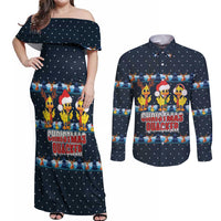 Funny Duck Characters Christmas Quacker Quote Couples Matching Off Shoulder Maxi Dress and Long Sleeve Button Shirt with Navy Tree Pattern Design - Wonder Print Shop