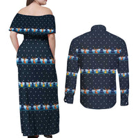 Funny Duck Characters Christmas Quacker Quote Couples Matching Off Shoulder Maxi Dress and Long Sleeve Button Shirt with Navy Tree Pattern Design - Wonder Print Shop