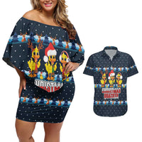 Funny Duck Characters Christmas Quacker Quote Couples Matching Off Shoulder Short Dress and Hawaiian Shirt with Navy Tree Pattern Design - Wonder Print Shop