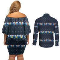Funny Duck Characters Christmas Quacker Quote Couples Matching Off Shoulder Short Dress and Long Sleeve Button Shirt with Navy Tree Pattern Design - Wonder Print Shop