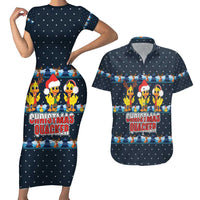 Funny Duck Characters Christmas Quacker Quote Couples Matching Short Sleeve Bodycon Dress and Hawaiian Shirt with Navy Tree Pattern Design - Wonder Print Shop