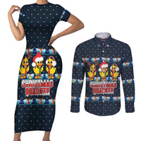 Funny Duck Characters Christmas Quacker Quote Couples Matching Short Sleeve Bodycon Dress and Long Sleeve Button Shirt with Navy Tree Pattern Design - Wonder Print Shop