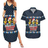 Funny Duck Characters Christmas Quacker Quote Couples Matching Summer Maxi Dress and Hawaiian Shirt with Navy Tree Pattern Design - Wonder Print Shop