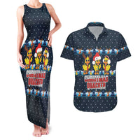 Funny Duck Characters Christmas Quacker Quote Couples Matching Tank Maxi Dress and Hawaiian Shirt with Navy Tree Pattern Design - Wonder Print Shop