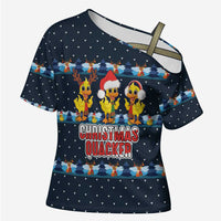 Funny Duck Characters Christmas Quacker Quote Cross Shoulder Shirt with Navy Tree Pattern Design - Wonder Print Shop