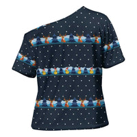 Funny Duck Characters Christmas Quacker Quote Cross Shoulder Shirt with Navy Tree Pattern Design - Wonder Print Shop