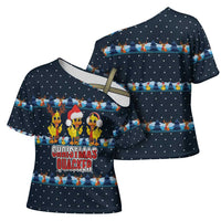Funny Duck Characters Christmas Quacker Quote Cross Shoulder Shirt with Navy Tree Pattern Design - Wonder Print Shop