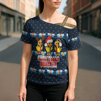 Funny Duck Characters Christmas Quacker Quote Cross Shoulder Shirt with Navy Tree Pattern Design - Wonder Print Shop