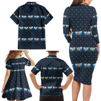 Funny Duck Characters Christmas Quacker Quote Family Matching Long Sleeve Bodycon Dress and Hawaiian Shirt with Navy Tree Pattern Design - Wonder Print Shop