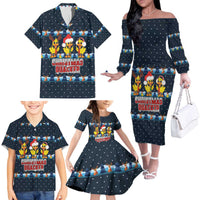 Funny Duck Characters Christmas Quacker Quote Family Matching Off The Shoulder Long Sleeve Dress and Hawaiian Shirt with Navy Tree Pattern Design - Wonder Print Shop