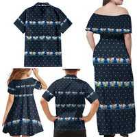 Funny Duck Characters Christmas Quacker Quote Family Matching Off Shoulder Maxi Dress and Hawaiian Shirt with Navy Tree Pattern Design - Wonder Print Shop