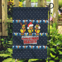 Funny Duck Characters Christmas Quacker Quote Garden Flag with Navy Tree Pattern Design - Wonder Print Shop