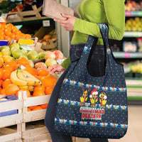 Funny Duck Characters Christmas Quacker Quote Grocery Bag with Navy Tree Pattern Design - Wonder Print Shop