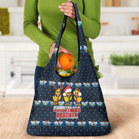 Funny Duck Characters Christmas Quacker Quote Grocery Bag with Navy Tree Pattern Design - Wonder Print Shop