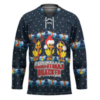 Funny Duck Characters Christmas Quacker Quote Hockey Jersey with Navy Tree Pattern Design - Wonder Print Shop