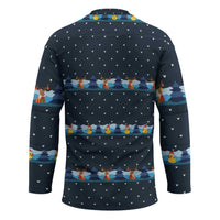 Funny Duck Characters Christmas Quacker Quote Hockey Jersey with Navy Tree Pattern Design - Wonder Print Shop