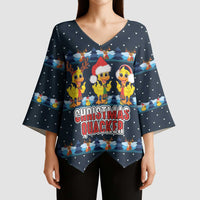 Funny Duck Characters Christmas Quacker Quote Kimono Sleeve Blouse with Navy Tree Pattern Design - Wonder Print Shop