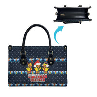Funny Duck Characters Christmas Quacker Quote Leather Bag with Navy Tree Pattern Design - Wonder Print Shop