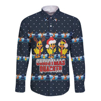 Funny Duck Characters Christmas Quacker Quote Long Sleeve Button Shirt with Navy Tree Pattern Design - Wonder Print Shop