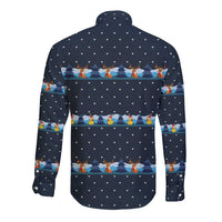Funny Duck Characters Christmas Quacker Quote Long Sleeve Button Shirt with Navy Tree Pattern Design - Wonder Print Shop