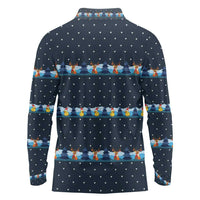 Funny Duck Characters Christmas Quacker Quote Long Sleeve Polo Shirt with Navy Tree Pattern Design - Wonder Print Shop