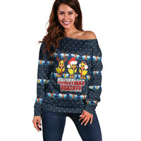 Funny Duck Characters Christmas Quacker Quote Off Shoulder Sweater with Navy Tree Pattern Design - Wonder Print Shop