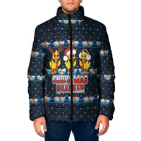 Funny Duck Characters Christmas Quacker Quote Padded Jacket with Navy Tree Pattern Design - Wonder Print Shop