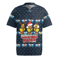 Funny Duck Characters Christmas Quacker Quote Rugby Jersey with Navy Tree Pattern Design - Wonder Print Shop