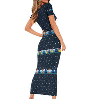 Funny Duck Characters Christmas Quacker Quote Short Sleeve Bodycon Dress with Navy Tree Pattern Design - Wonder Print Shop