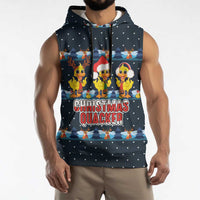 Funny Duck Characters Christmas Quacker Quote Sleeveless Hoodie with Navy Tree Pattern Design - Wonder Print Shop